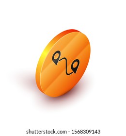 Isometric Route location icon isolated on white background. Map pointer sign. Concept of path or road. GPS navigator. Orange circle button. Vector Illustration