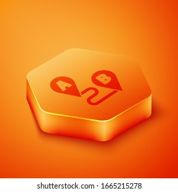 Isometric Route location icon isolated on orange background. Map pointer sign. Concept of path or road. GPS navigator. Orange hexagon button. Vector Illustration