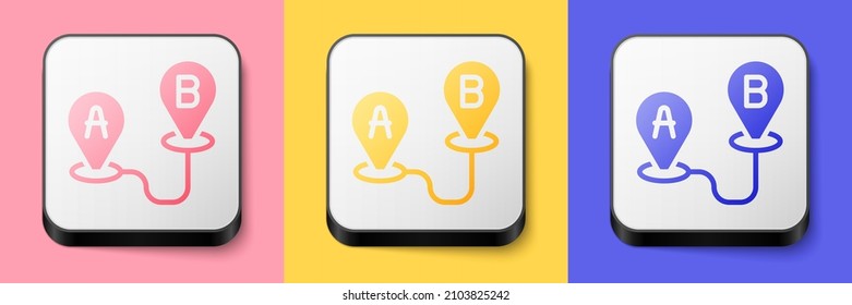 Isometric Route location icon isolated on pink, yellow and blue background. Map pointer sign. Concept of path or road. GPS navigator. Square button. Vector