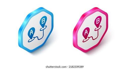 Isometrisches Routensymbol einzeln auf weißem Hintergrund. Kartenzeigerzeichen. Konzept des Weges oder der Straße. GPS-Navigator. Hexagon-Taste. Vektorgrafik