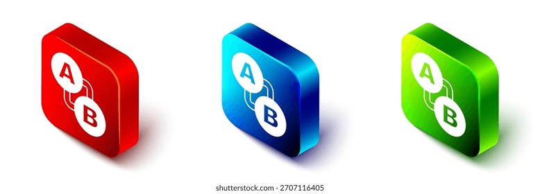 Icono de ubicación de ruta isométrica aislado sobre fondo blanco. Signo de puntero de mapa. Concepto de camino o carretera. Navegador GPS. Botón cuadrado rojo, azul y verde. Vector
