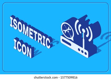 Isometric Router wi-fi with screwdriver and wrench icon isolated on blue background. Adjusting, service, setting, maintenance, repair, fixing.  Vector Illustration