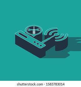 Isometric Router wi-fi with screwdriver and wrench icon isolated on green background. Adjusting, service, setting, maintenance, repair, fixing.  Vector Illustration