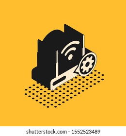Isometric Router and wi-fi signal and gear icon isolated on yellow background. Adjusting app, service concept, setting options, maintenance, repair, fixing.  Vector Illustration