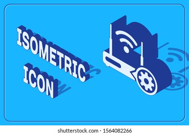 Isometric Router and wi-fi signal and gear icon isolated on blue background. Adjusting app, service concept, setting options, maintenance, repair, fixing.  Vector Illustration