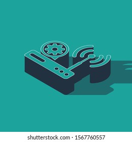 Isometric Router and wi-fi signal and gear icon isolated on green background. Adjusting app, service concept, setting options, maintenance, repair, fixing.  Vector Illustration