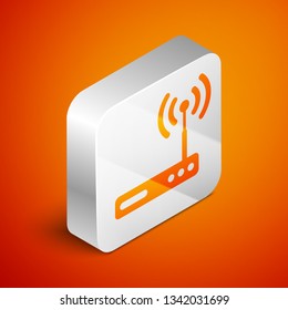 Isometric Router and wi-fi signal symbol icon isolated on orange background. Wireless ethernet modem router. Computer technology internet. Silver square button. Vector Illustration