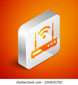 Isometric Router and wi-fi signal symbol icon isolated on orange background. Wireless ethernet modem router. Computer technology internet. Silver square button. Vector Illustration
