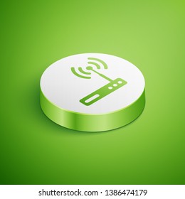 Isometric Router and wi-fi signal symbol icon isolated on green background. Wireless ethernet modem router. Computer technology internet. White circle button. Vector Illustration