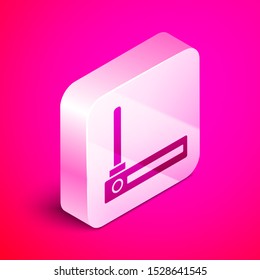 Isometric Router and wi-fi signal symbol icon isolated on pink background. Wireless ethernet modem router. Computer technology internet. Silver square button. Vector Illustration