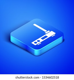 Isometric Router and wi-fi signal symbol icon isolated on blue background. Wireless ethernet modem router. Computer technology internet. Blue square button. Vector Illustration
