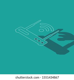 Isometric Router and wi-fi signal symbol icon isolated on green background. Wireless ethernet modem router. Computer technology internet.  Vector Illustration