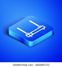 Isometric Router and wi-fi signal symbol icon isolated on blue background. Wireless ethernet modem router. Computer technology internet. Blue square button. Vector Illustration