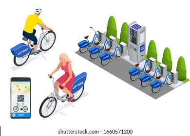 Isometric row of bicycles parked. Blue bicycles stand on a parking for rent. Healthy Lifestyle Outdoor. Bicycle isometric people.