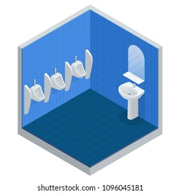 Isometric Row Of Outdoor Urinals Men Public Toilet, Closeup Urinals In Men S Bathroom, Vector Illustration Of White Ceramic Urinals For Men.