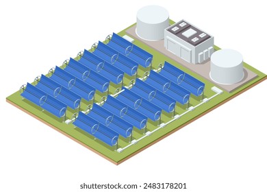 Isometric row of solar mirrors. Solar power plant turn up skyward absorb the sunlight from the sun use light energy to generate electricity
