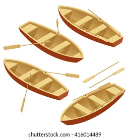 Isometric Rowing boat isolated. Wooden boat with paddles isolated on write background.