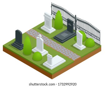 Isometric Rows of tombstones in cemetery isolated om white. Death, coffin, funeral.