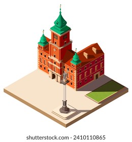 isometric royal castle on the square in warsaw in poland, vector illustration