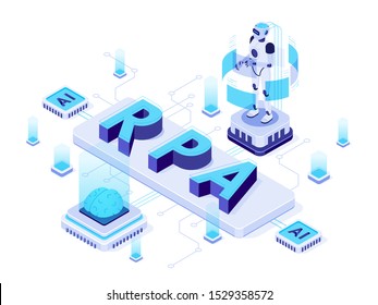 Isometric RPA. Robotic process automation, futuristic artificial intelligence robots and AI learning. Future factory machining work logistic, robotic welding process vector illustration