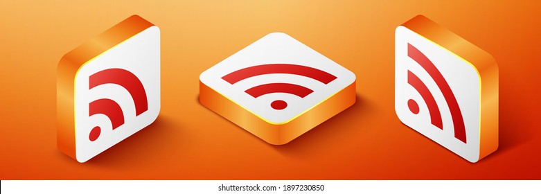 Isometric RSS icon isolated on orange background. Radio signal. RSS feed symbol. Orange square button. Vector.