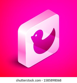 Isometric Rubber duck icon isolated on pink background. Silver square button. Vector Illustration