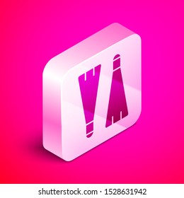 Isometric Rubber flippers for swimming icon isolated on pink background. Diving equipment. Extreme sport. Diving underwater equipment. Silver square button. Vector Illustration