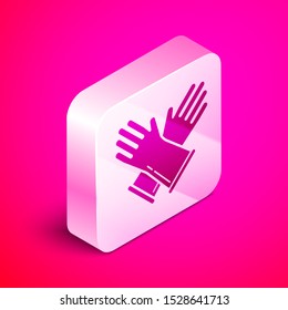 Isometric Rubber gloves icon isolated on pink background. Latex hand protection sign. Housework cleaning equipment symbol. Silver square button. Vector Illustration