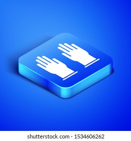 Isometric Rubber gloves icon isolated on blue background. Latex hand protection sign. Housework cleaning equipment symbol. Blue square button. Vector Illustration