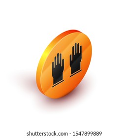 Isometric Rubber gloves icon isolated on white background. Latex hand protection sign. Housework cleaning equipment symbol. Orange circle button. Vector Illustration