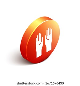 Isometric Rubber gloves icon isolated on white background. Latex hand protection sign. Housework cleaning equipment symbol. Orange circle button. Vector Illustration