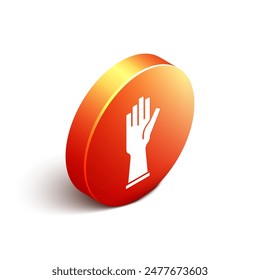 Isometric Rubber gloves icon isolated on white background. Latex hand protection sign. Housework cleaning equipment symbol. Orange circle button. Vector