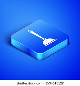 Isometric Rubber plunger with wooden handle for pipe cleaning icon isolated on blue background. Toilet plunger. Blue square button. Vector Illustration