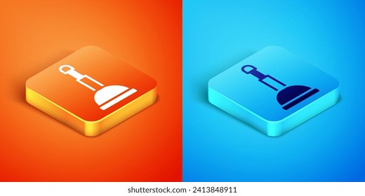 Isometric Rubber plunger with wooden handle for pipe cleaning icon isolated on orange and blue background. Toilet plunger.  Vector