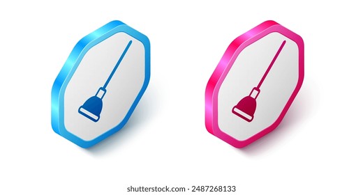 Isometric Rubber plunger with wooden handle for pipe cleaning icon isolated on white background. Toilet plunger. Hexagon button. Vector