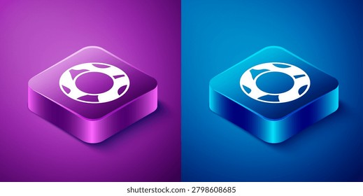 Isometric Rubber swimming ring icon isolated on blue and purple background. Life saving floating lifebuoy for beach, rescue belt for saving people. Square button. Vector