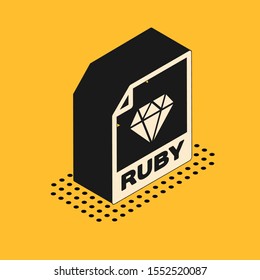 Isometric RUBY file document. Download ruby button icon isolated on yellow background. RUBY file symbol.  Vector Illustration