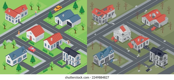 Isometric ruined city before and after compositions set with outdoor view of populated and abandoned district vector illustration