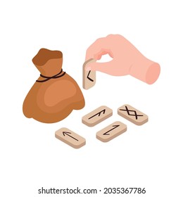 Isometric runes with carved symbols for divination and bag isolated vector illustration