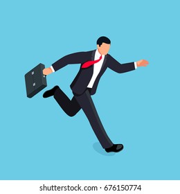 Isometric running businessman isolated on blue background. 3d businessman with a briefcase in his hand is late and in a hurry. Vector illustration.