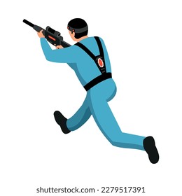 Isometric running laser tag game player back view 3d vector illustration