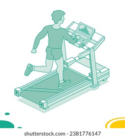 Isometric running man on treadmill. Running simulator. Vector illustration. Outline object isolated on white background. Sport gym fitness center.