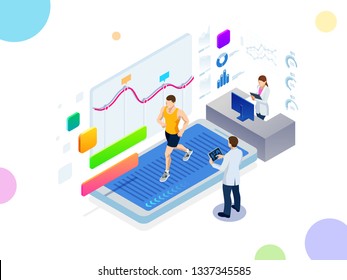 Isometric running on a treadmill and fitness bracelet or tracker isolated on white. Man running on a smartphone treadmill and exercising fitness app and sports under the supervision of doctors.