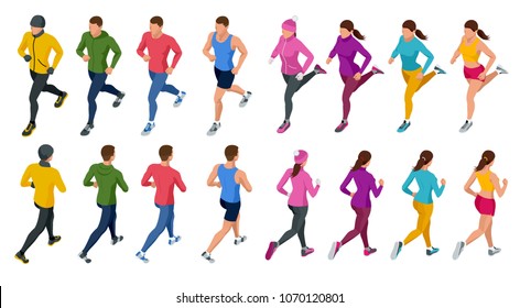 Isometric running people. Front and rear view. People are dressed in summer, winter, autumn, spring sports uniform