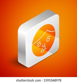 Isometric Runny nose icon isolated on orange background. Rhinitis symptoms, treatment. Nose and sneezing. Nasal diseases. Silver square button. Vector Illustration