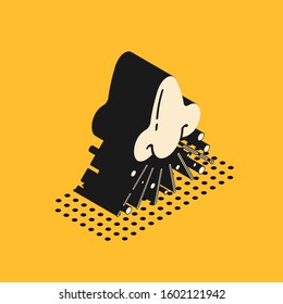 Isometric Runny nose icon isolated on yellow background. Rhinitis symptoms, treatment. Nose and sneezing. Nasal diseases.  Vector Illustration