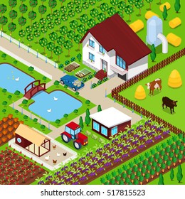Isometric Rural Farm Agricultural Field with Animals and House. Vector 3d flat illustration