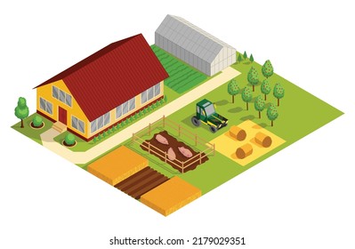 Isometric rural farm building and cottage. Agricultural machinery, garden and domestic animals. Vector icon representing countryside element