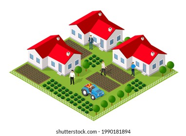 Isometric rural rustic farm with flowers and the beds with a small house of village natural ecological landscapes infrastructure