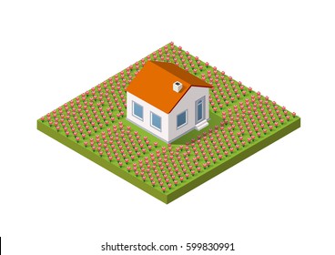 Isometric rural rustic farm with flowers and the beds with a small house of village natural ecological landscapes infrastructure